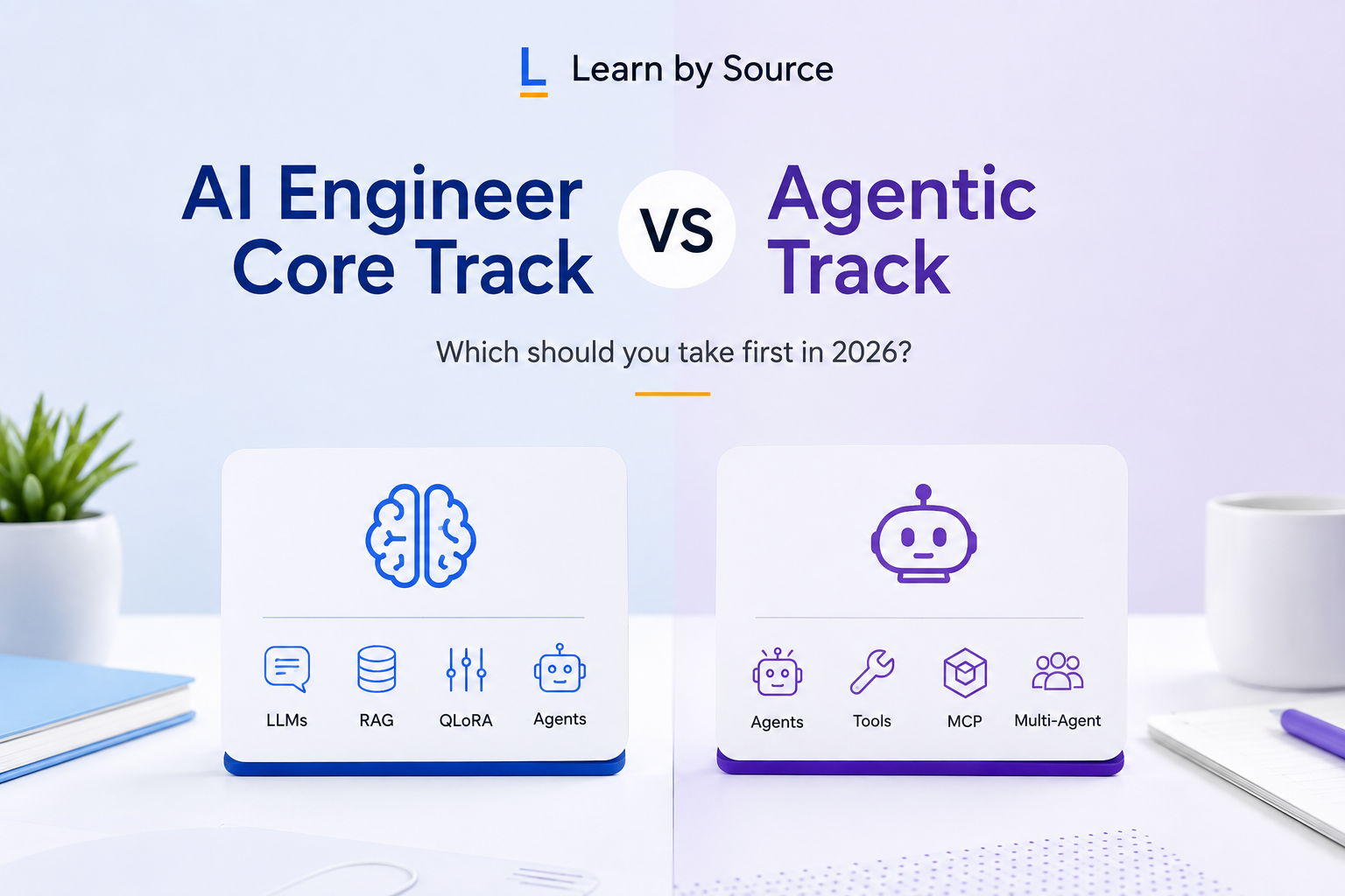 AI Engineer Core Track vs Agentic Track — which to take first in 2026. The Core Track card shows LLMs, RAG, QLoRA and Agents; the Agentic Track card shows Agents, Tools, MCP and Multi-Agent systems.